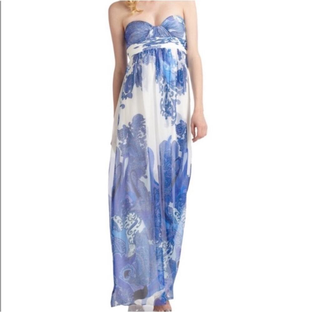 Aidan Mattox Silk Blend Strapless Dress Blue and White Chiffon Paisley‎ Size 2